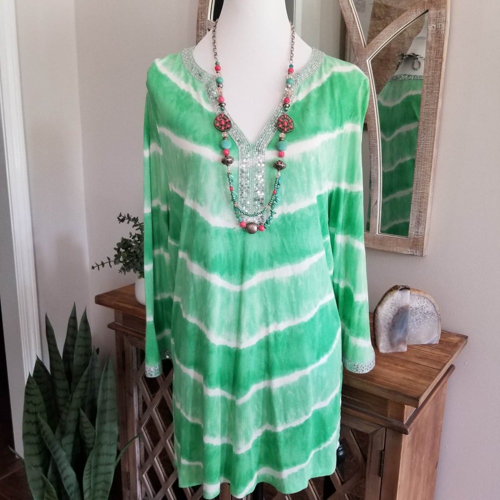 INC International Concepts Top Tunic Green & White Tie Dye Sequins Size 0X - Picture 12 of 12